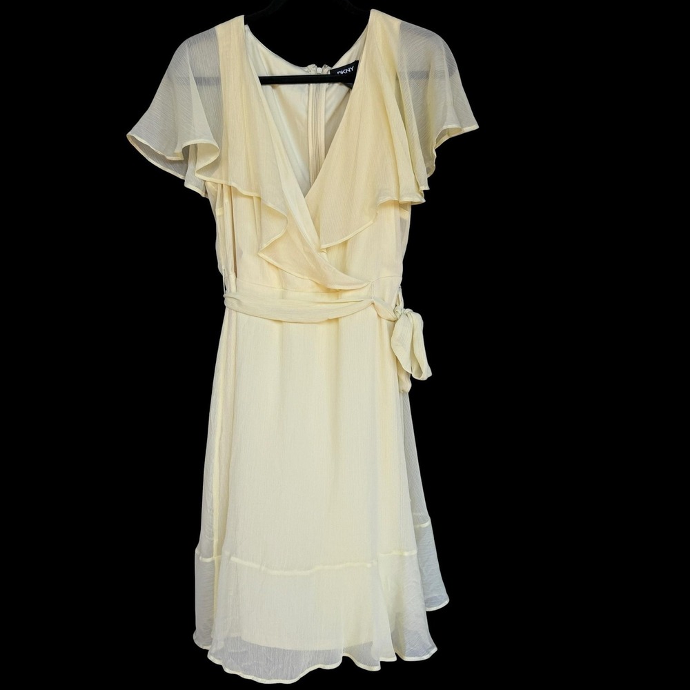DKNY Dress Womens 12 Yellow Chiffon Faux Wrap Flutter Sleeve Ruffle Belted Party